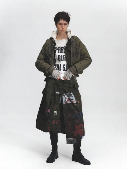 FULLTIDE Distressed Cotton Mid Waist Straight Street Style Deep Green Solid Midi Skirt