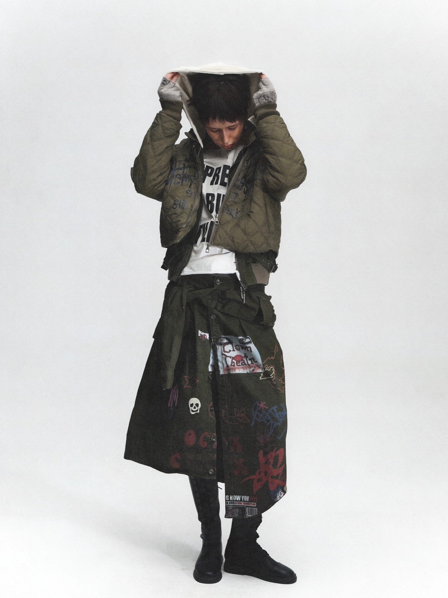 FULLTIDE Distressed Cotton Mid Waist Straight Street Style Deep Green Solid Midi Skirt