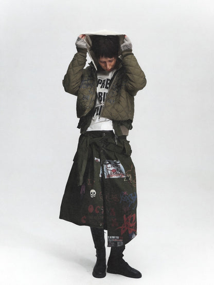 FULLTIDE Distressed Cotton Mid Waist Straight Street Style Deep Green Solid Midi Skirt