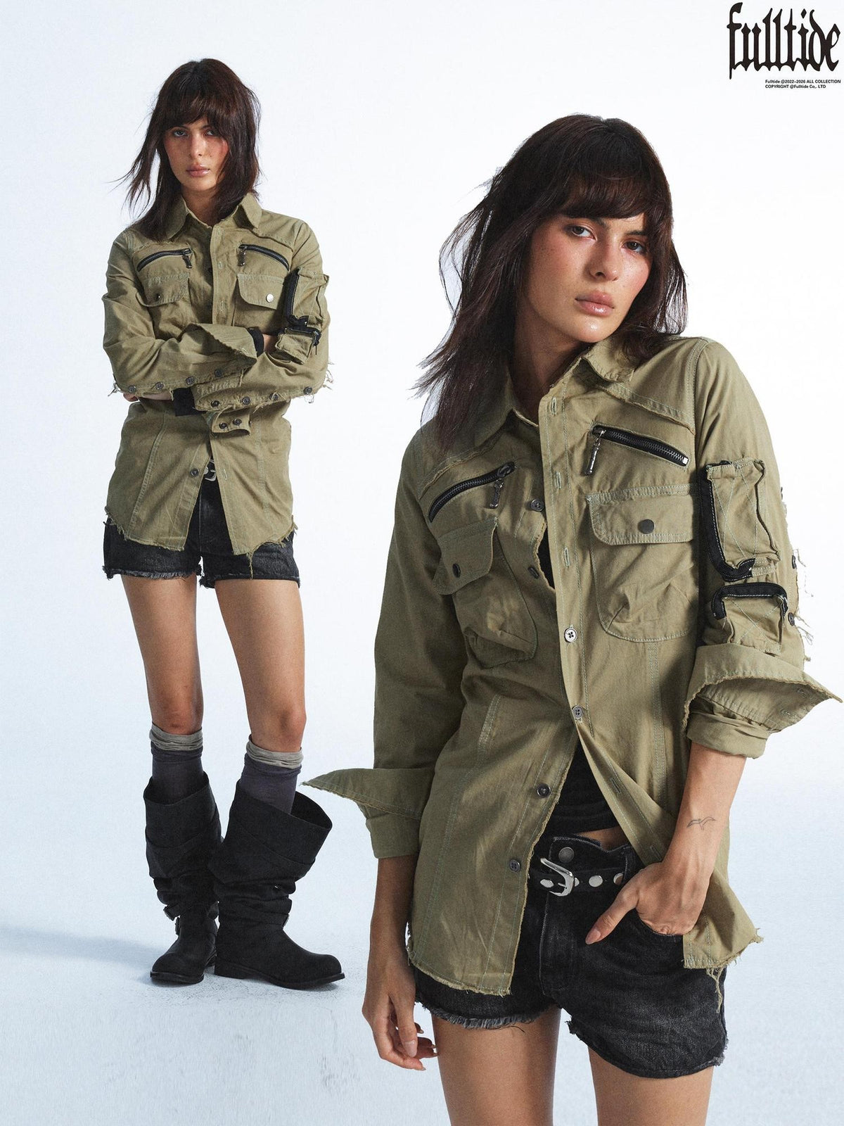 FULLTIDE Distressed Frayed Trim Multi Pocket Button Up Deconstructed Women&