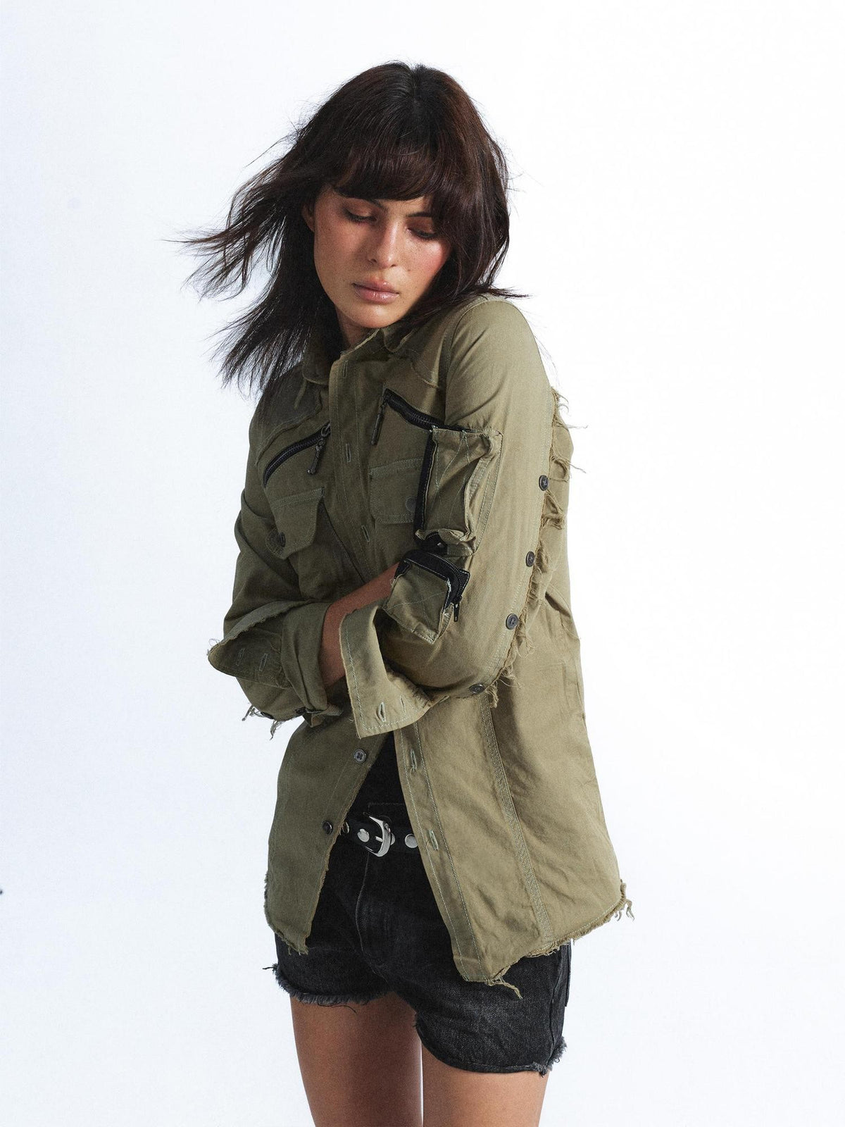 FULLTIDE Distressed Frayed Trim Multi Pocket Button Up Deconstructed Women&