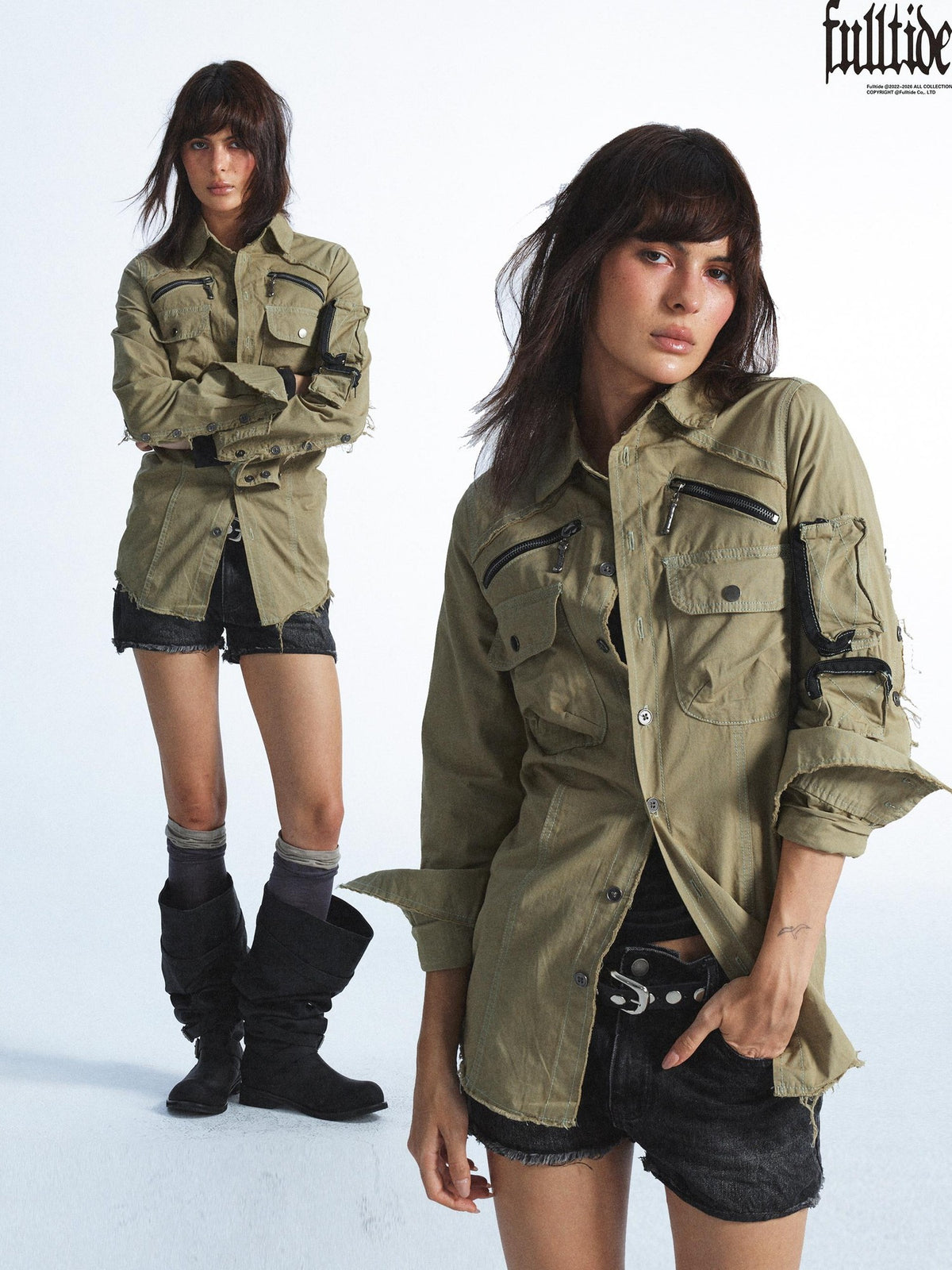FULLTIDE Distressed Frayed Trim Multi Pocket Button Up Deconstructed Women&
