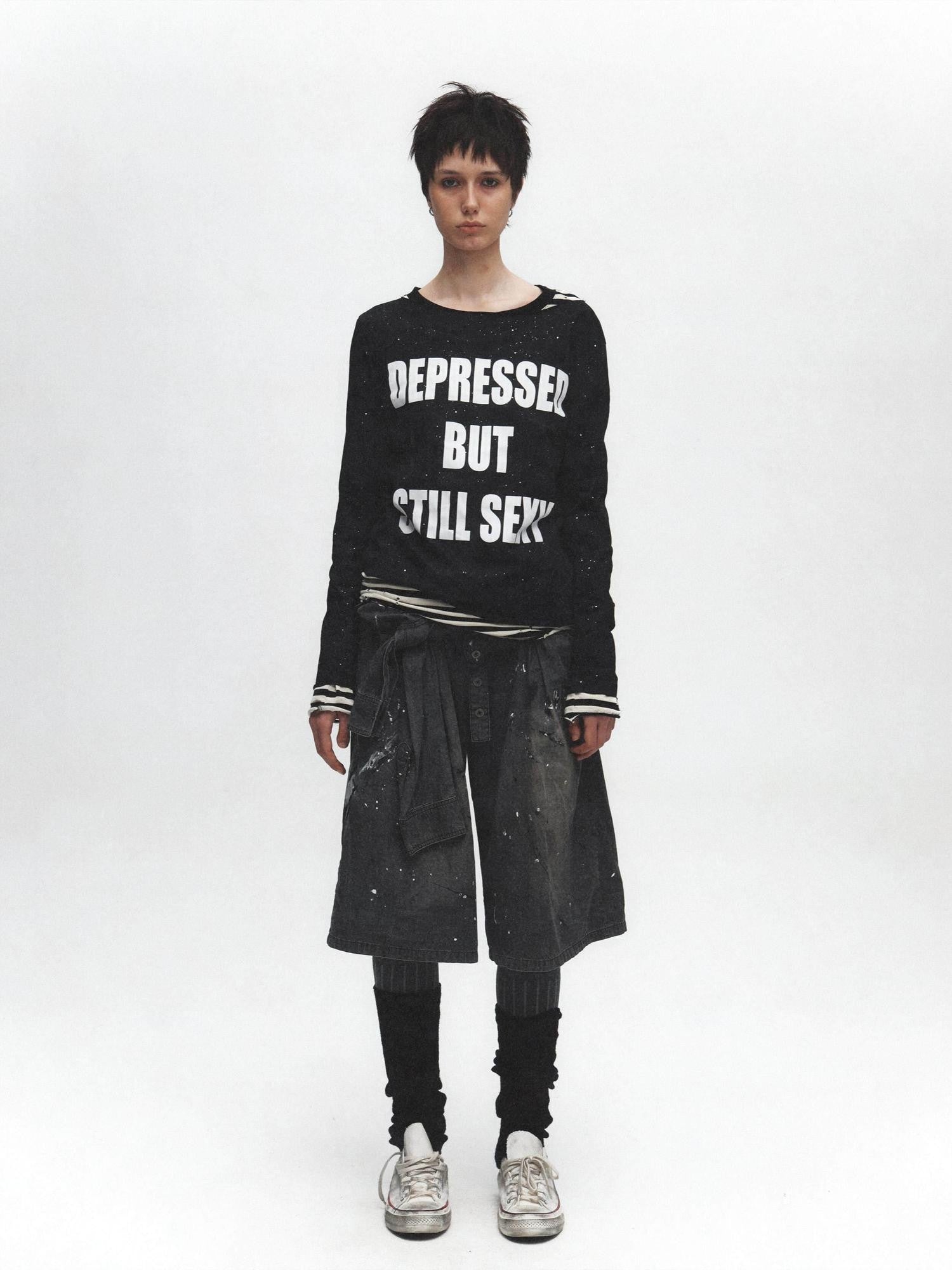FULLTIDE Distressed Graffiti Print Frayed Hem Women&