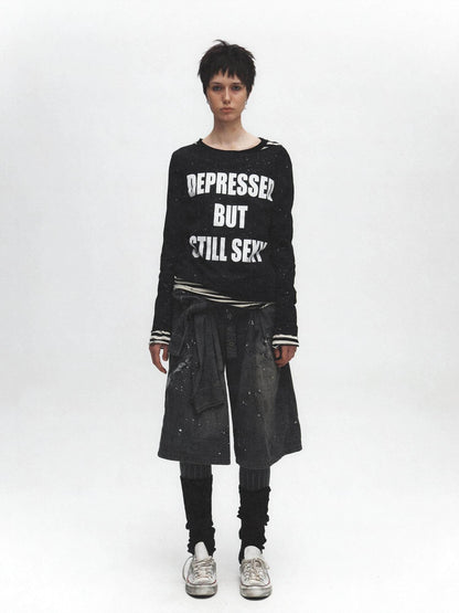 FULLTIDE Distressed Graffiti Print Frayed Hem Women&