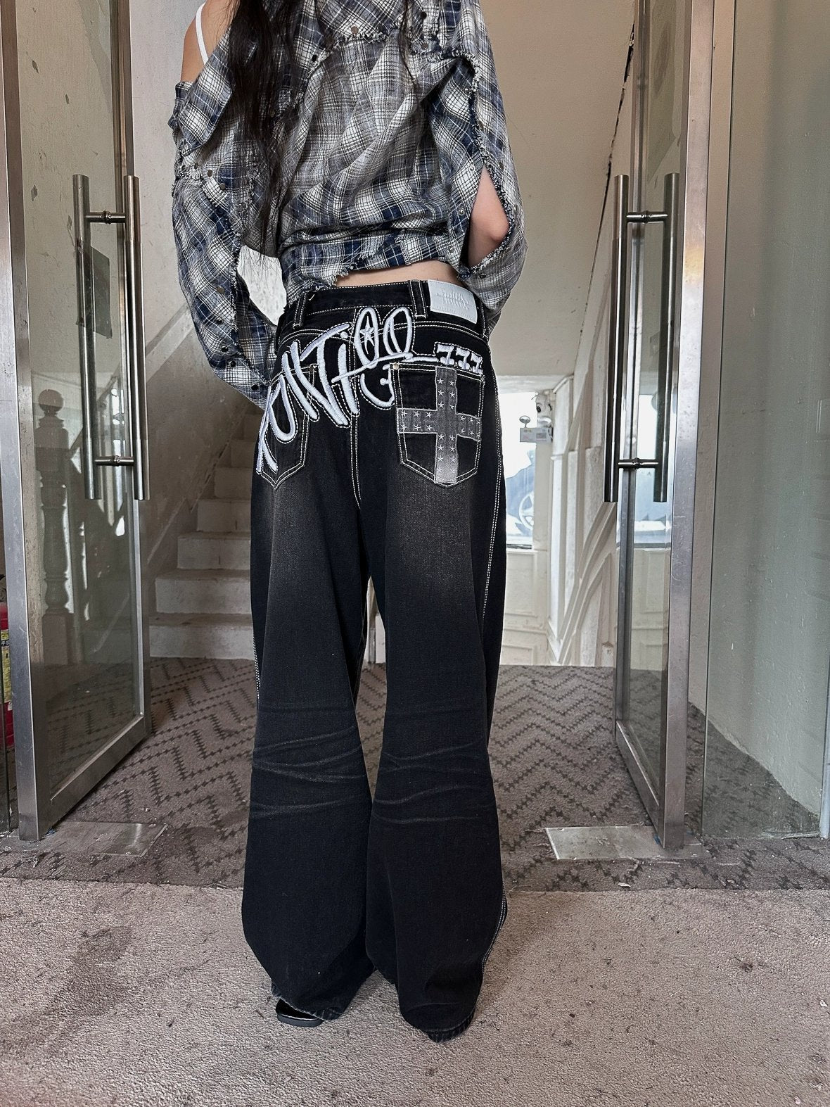 FULLTIDE Distressed Minimal Straight Low Rise Non Stretch Unisex Black Gray Denim Jeans