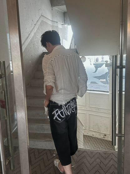 FULLTIDE Distressed Minimal Straight Low Rise Non Stretch Unisex Black Gray Denim Jeans