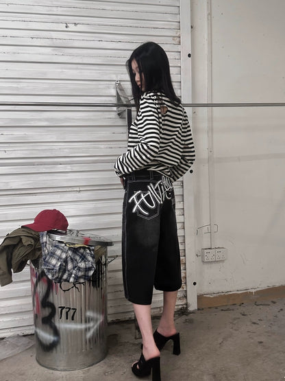 FULLTIDE Distressed Minimal Straight Low Rise Non Stretch Unisex Black Gray Denim Jeans