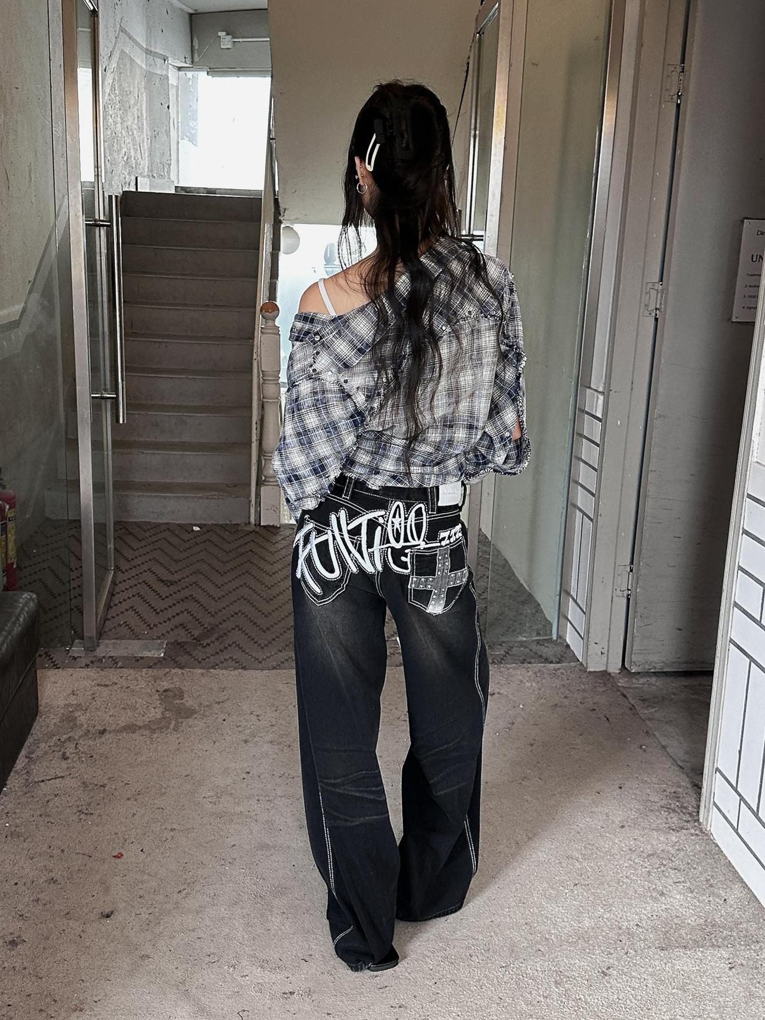 FULLTIDE Distressed Minimal Straight Low Rise Non Stretch Unisex Black Gray Denim Jeans