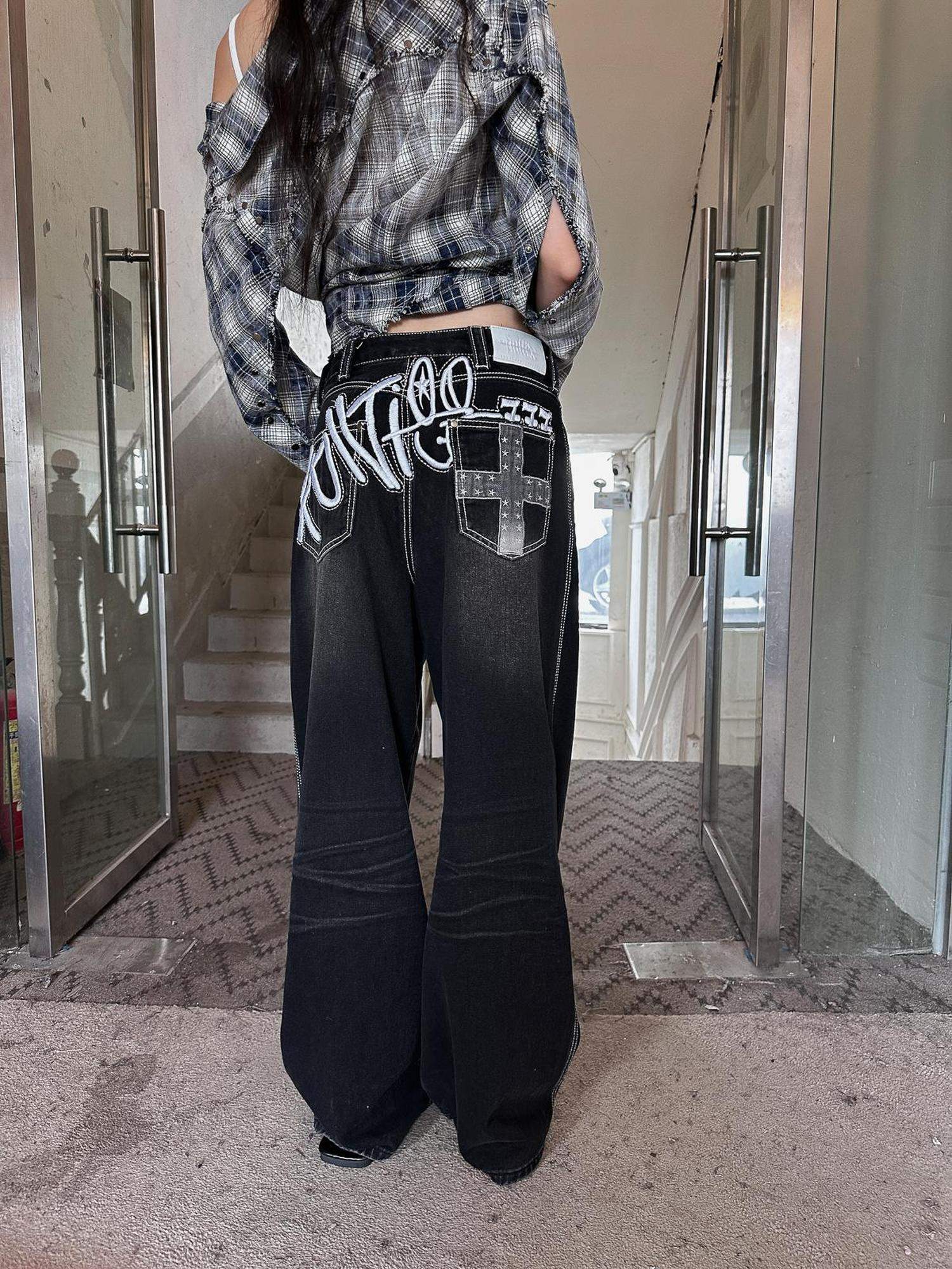 FULLTIDE Distressed Minimal Straight Low Rise Non Stretch Unisex Black Gray Denim Jeans