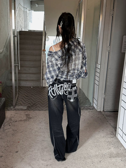 FULLTIDE Distressed Minimal Straight Low Rise Non Stretch Unisex Black Gray Denim Jeans