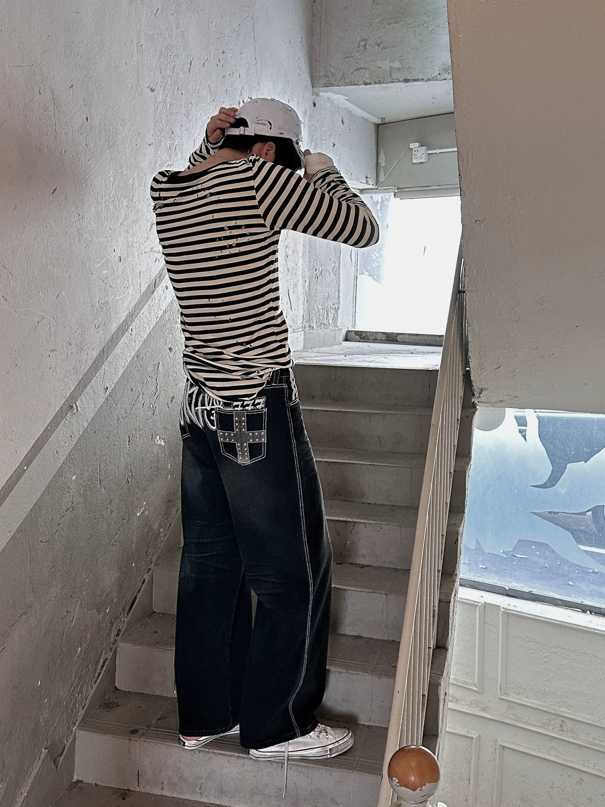 FULLTIDE Distressed Minimal Straight Low Rise Non Stretch Unisex Black Gray Denim Jeans