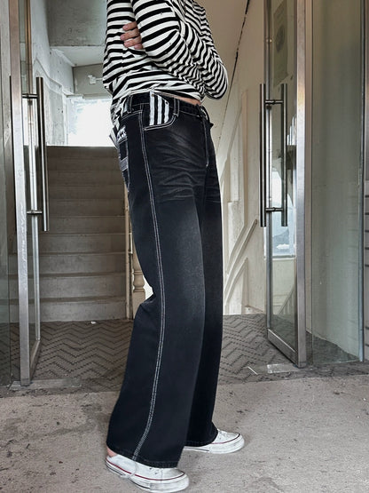 FULLTIDE Distressed Minimal Straight Low Rise Non Stretch Unisex Black Gray Denim Jeans