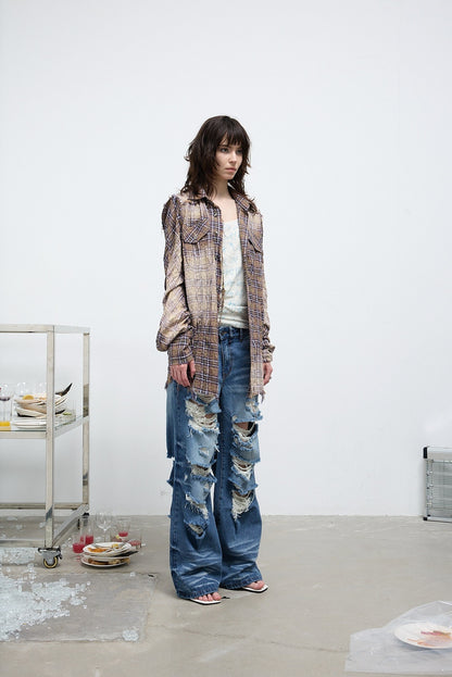 FULLTIDE_Distressed_Plaid_Ruched_Sleeves_Slim_Fit_Women&