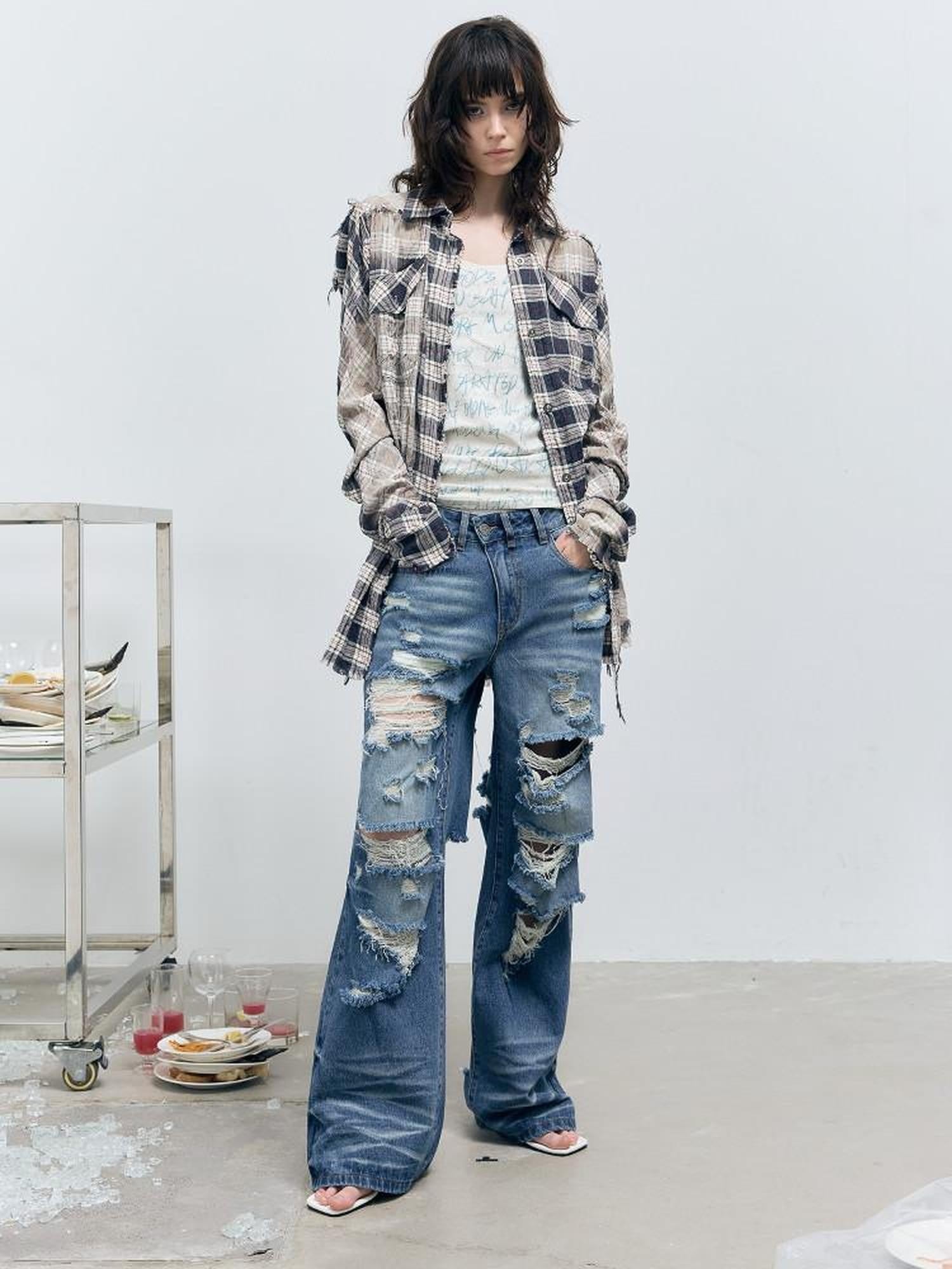 FULLTIDE Distressed Plaid Ruched Sleeves Slim Fit Women&