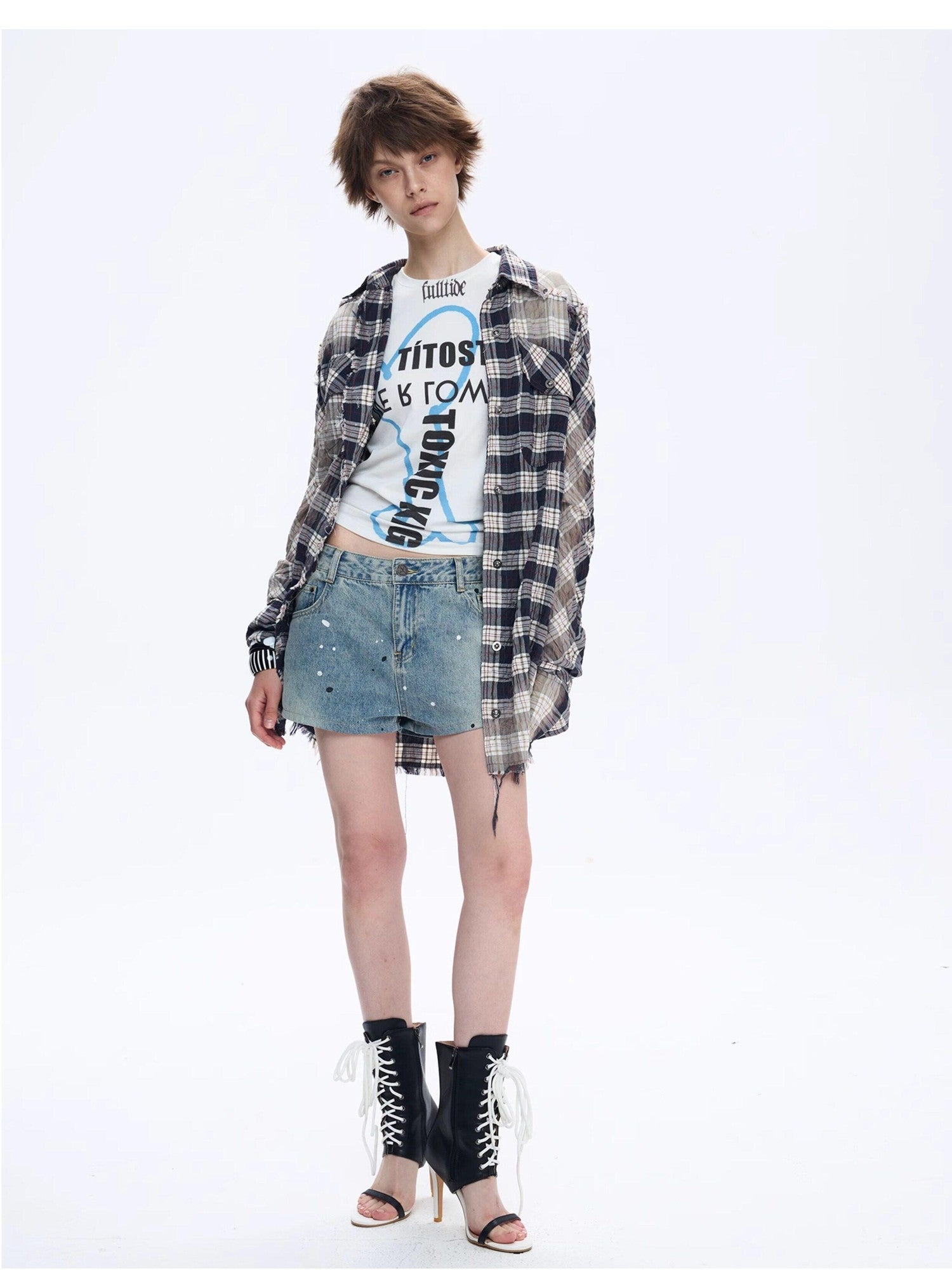 FULLTIDE Distressed Plaid Ruched Sleeves Slim Fit Women&