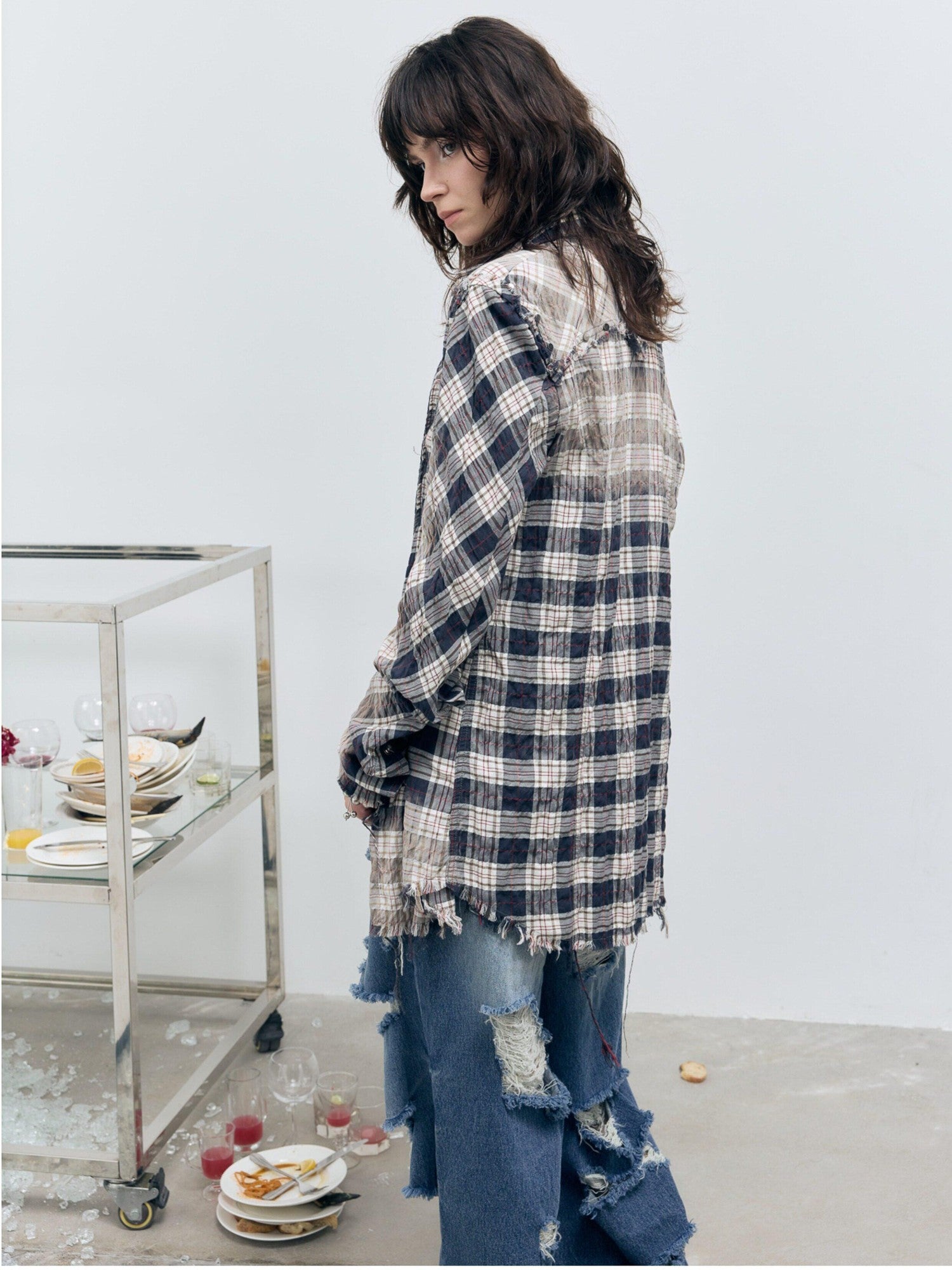 FULLTIDE Distressed Plaid Ruched Sleeves Slim Fit Women&