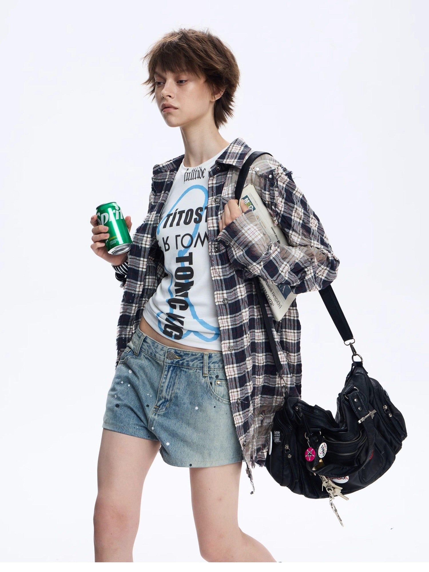 FULLTIDE Distressed Plaid Ruched Sleeves Slim Fit Women&