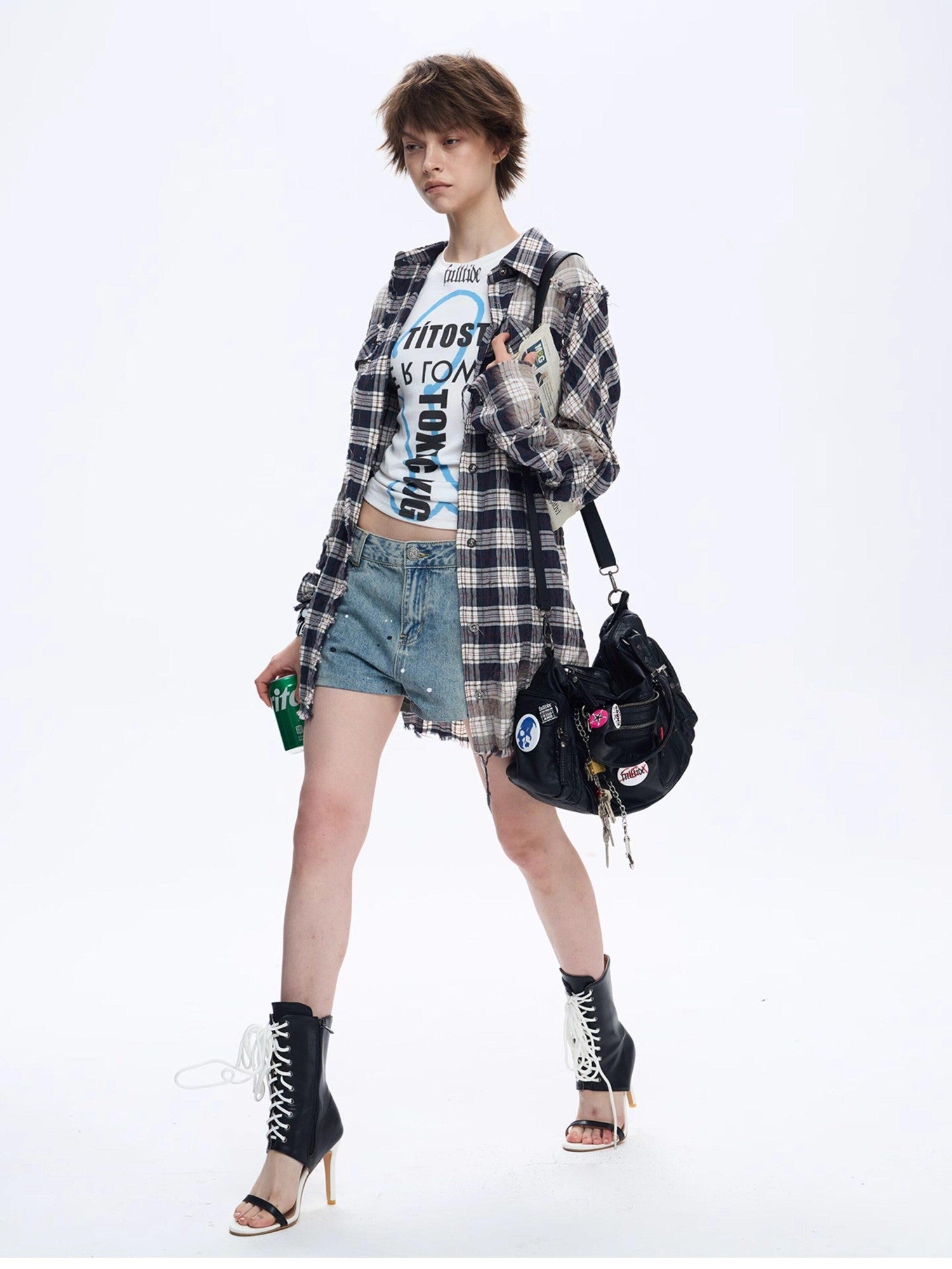 FULLTIDE Distressed Plaid Ruched Sleeves Slim Fit Women&