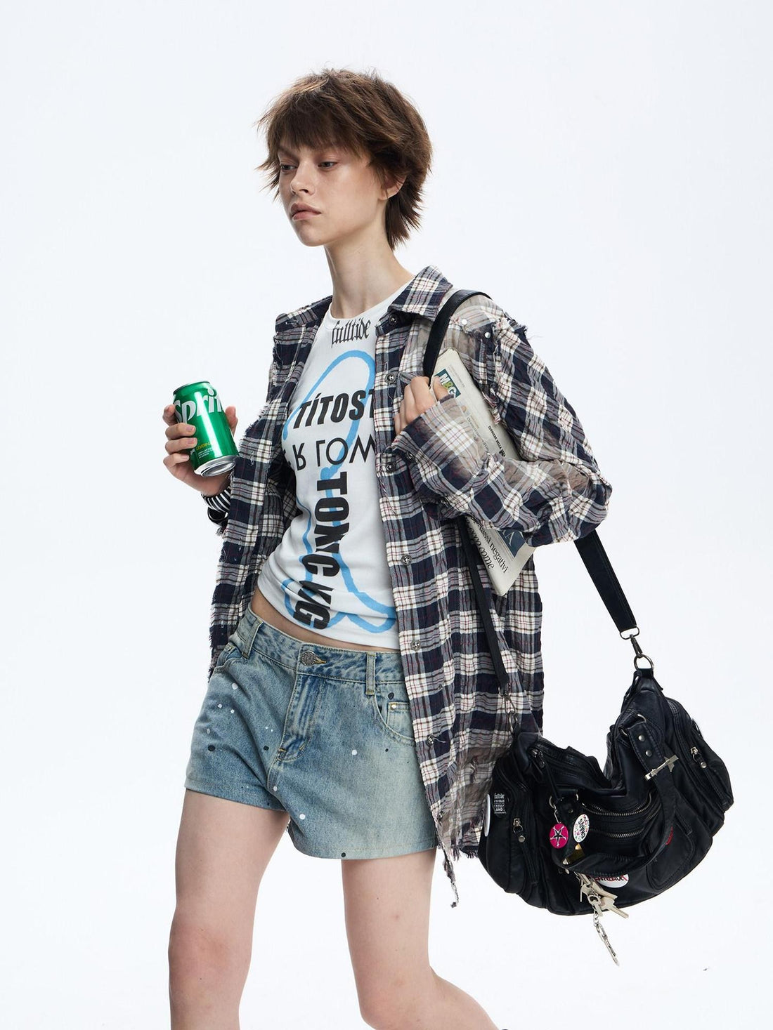 FULLTIDE Distressed Plaid Ruched Sleeves Slim Fit Women&