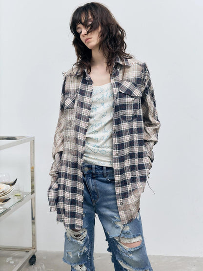 FULLTIDE Distressed Plaid Ruched Sleeves Slim Fit Women&