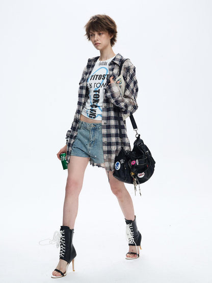 FULLTIDE Distressed Plaid Ruched Sleeves Slim Fit Women&