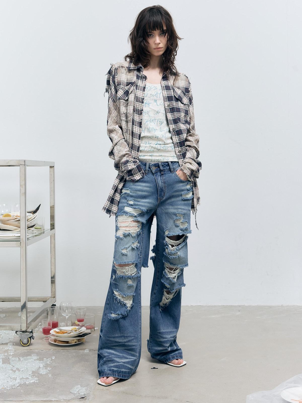 FULLTIDE Distressed Plaid Ruched Sleeves Slim Fit Women&
