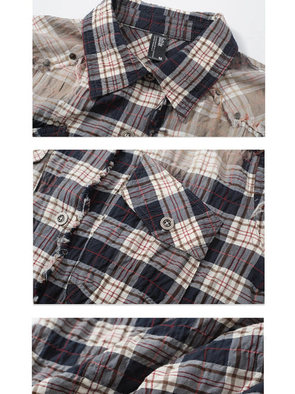 FULLTIDE Distressed Plaid Ruched Sleeves Slim Fit Women&