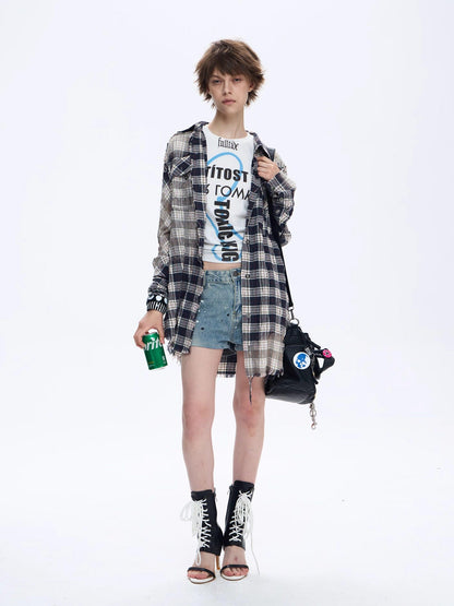 FULLTIDE Distressed Plaid Ruched Sleeves Slim Fit Women&