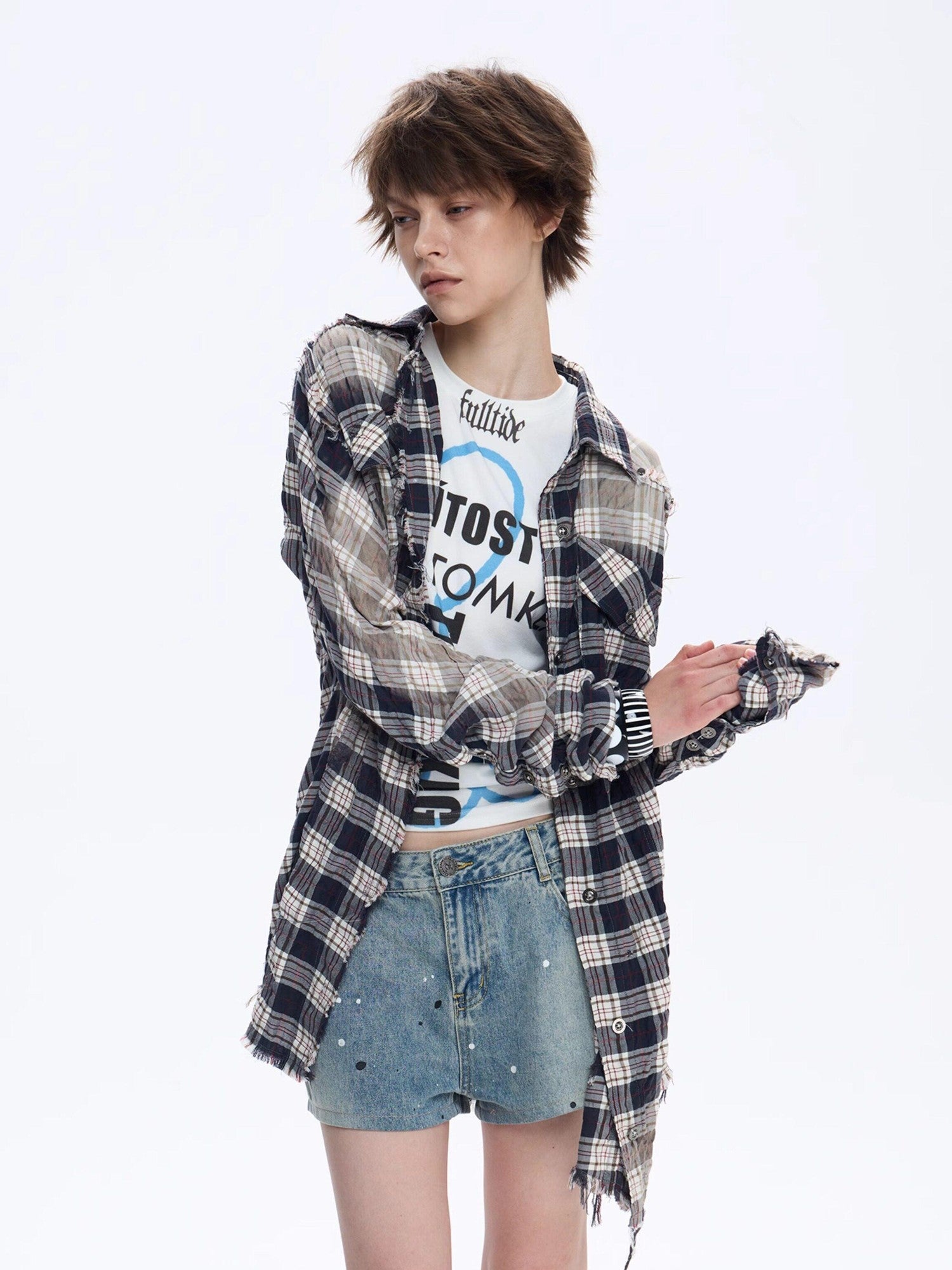 FULLTIDE Distressed Plaid Ruched Sleeves Slim Fit Women&