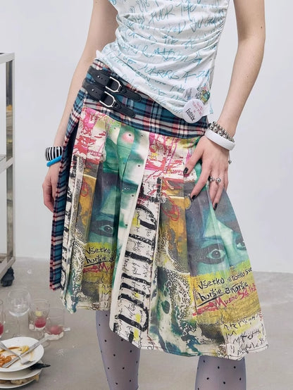 FULLTIDE_Distressed_Pleated_Asymmetric_Aline_Low_Waist_Women_Navy_Plaid_Cotton_Midi_Skirt_MISSTT