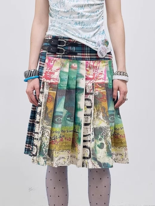 FULLTIDE_Distressed_Pleated_Asymmetric_Aline_Low_Waist_Women_Navy_Plaid_Cotton_Midi_Skirt_MISSTT