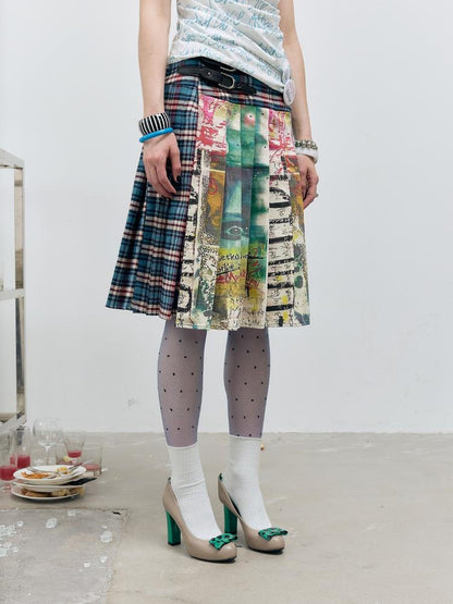 FULLTIDE Distressed Pleated Asymmetric Aline Low Waist Women Navy Plaid Cotton Midi Skirt