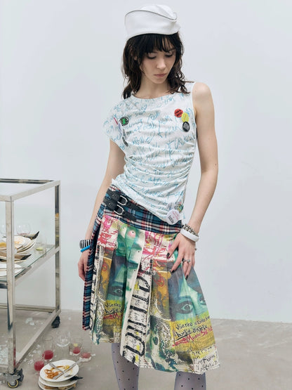 FULLTIDE Distressed Pleated Asymmetric Aline Low Waist Women Navy Plaid Cotton Midi Skirt