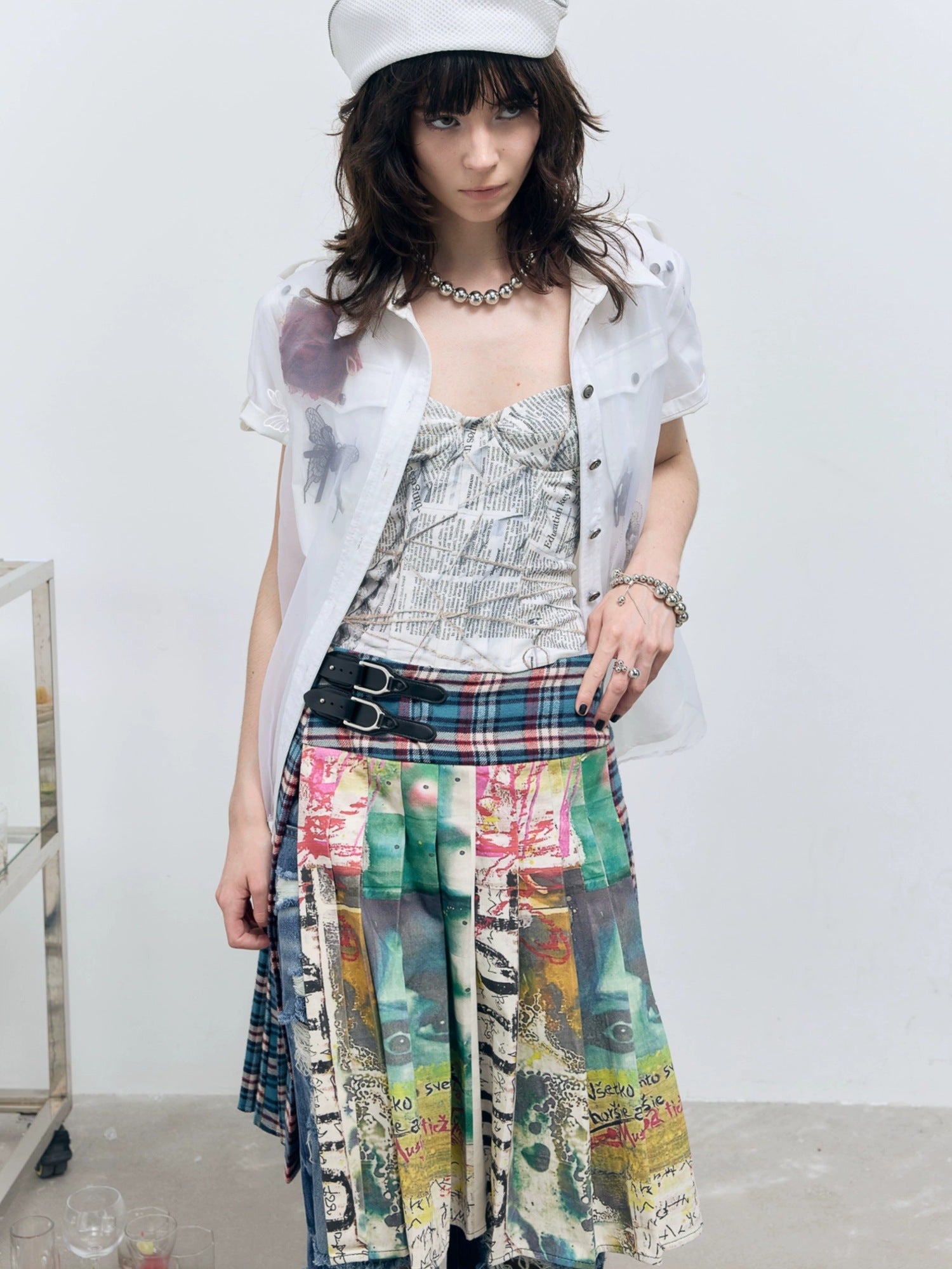 FULLTIDE Distressed Pleated Asymmetric Aline Low Waist Women Navy Plaid Cotton Midi Skirt