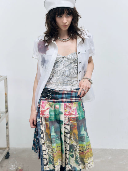 FULLTIDE Distressed Pleated Asymmetric Aline Low Waist Women Navy Plaid Cotton Midi Skirt