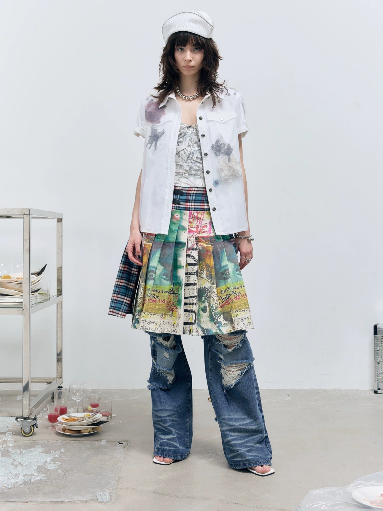 FULLTIDE Distressed Pleated Asymmetric Aline Low Waist Women Navy Plaid Cotton Midi Skirt