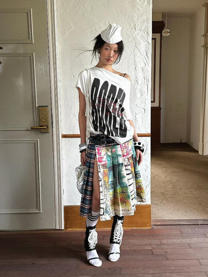 FULLTIDE Distressed Pleated Asymmetric Aline Low Waist Women Navy Plaid Cotton Midi Skirt