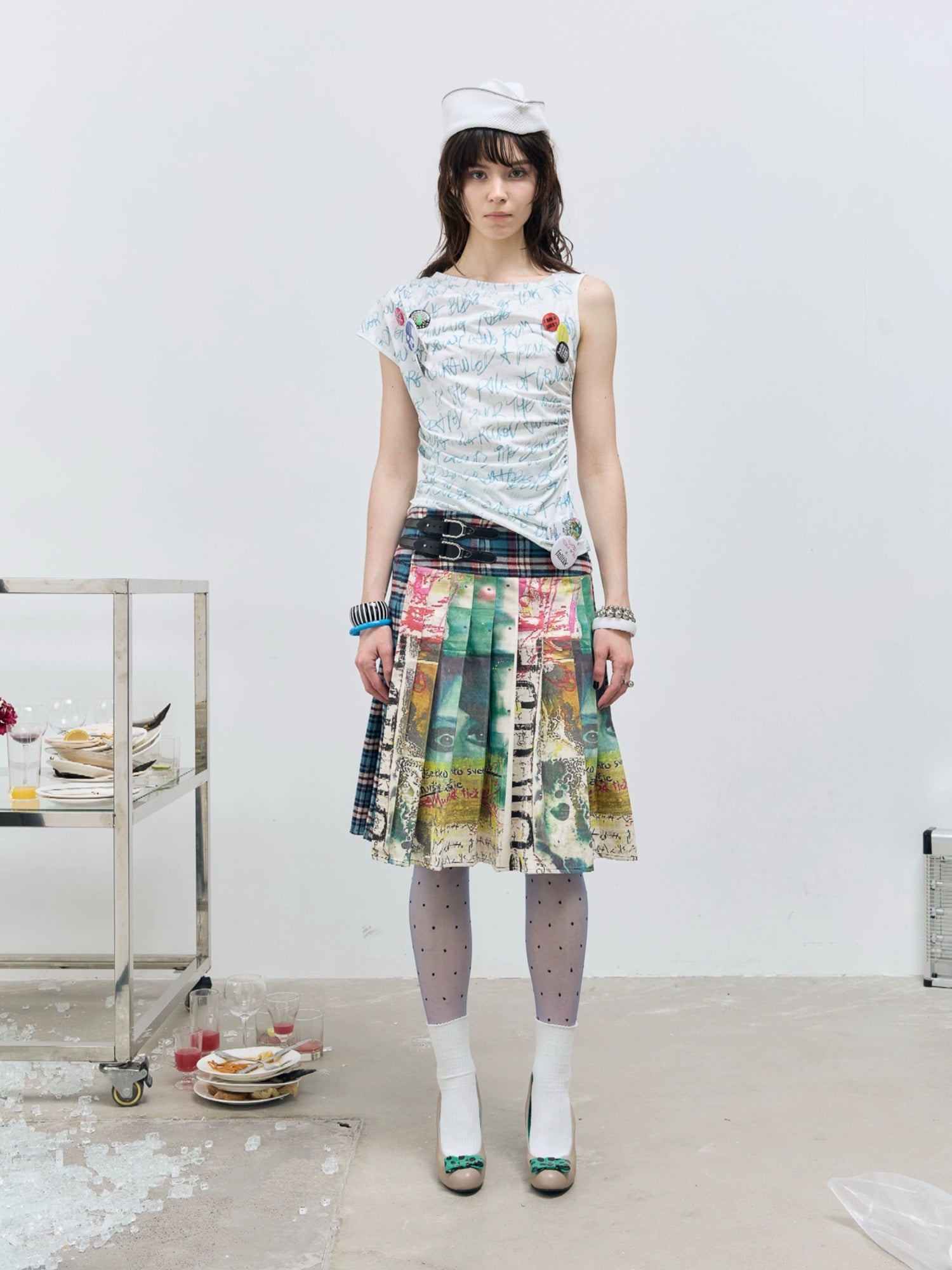 FULLTIDE Distressed Pleated Asymmetric Aline Low Waist Women Navy Plaid Cotton Midi Skirt