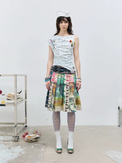 FULLTIDE Distressed Pleated Asymmetric Aline Low Waist Women Navy Plaid Cotton Midi Skirt