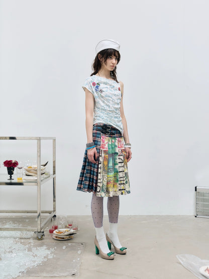 FULLTIDE Distressed Pleated Asymmetric Aline Low Waist Women Navy Plaid Cotton Midi Skirt