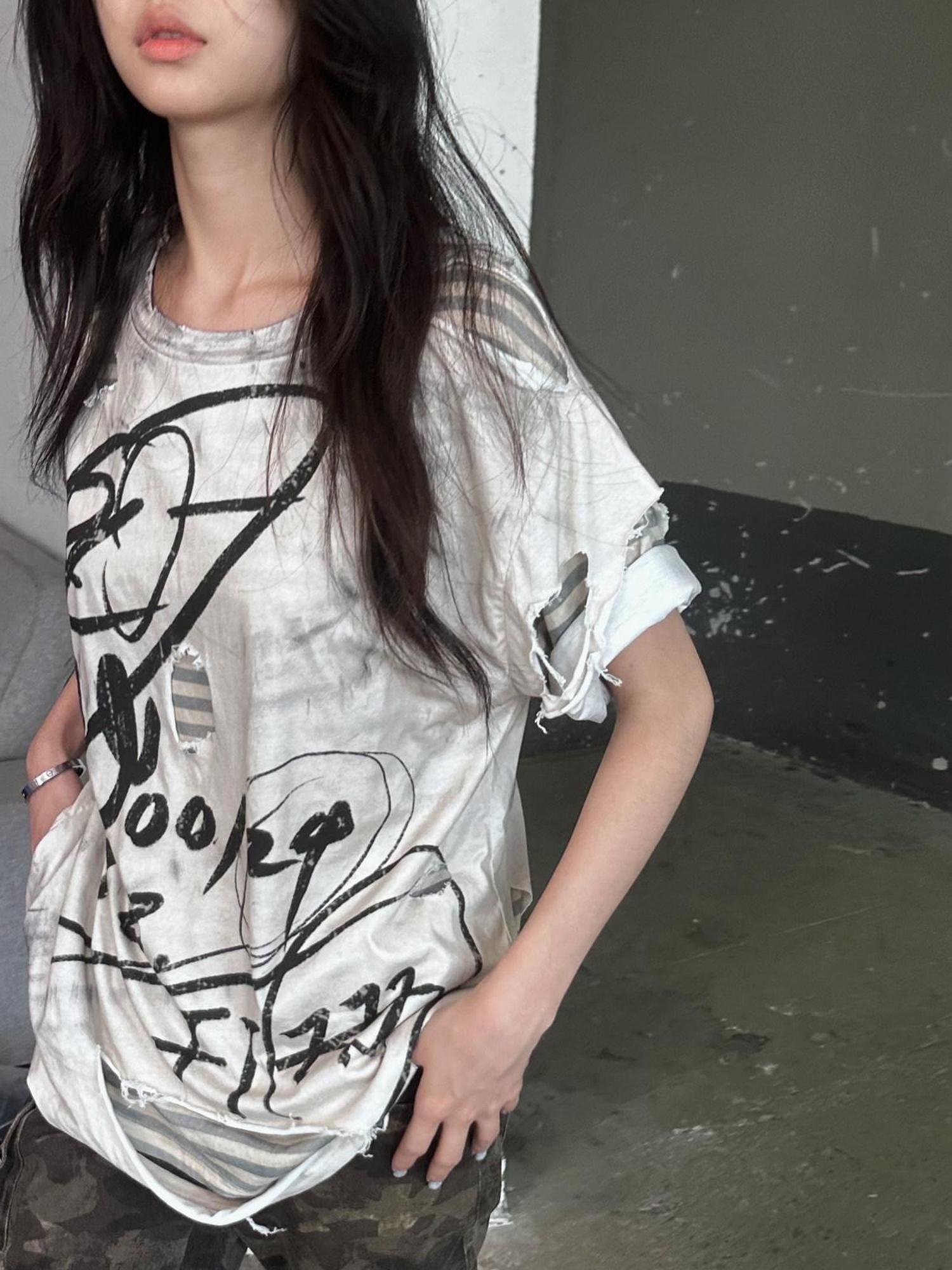 FULLTIDE Distressed Vintage Double Layer Printed Women&