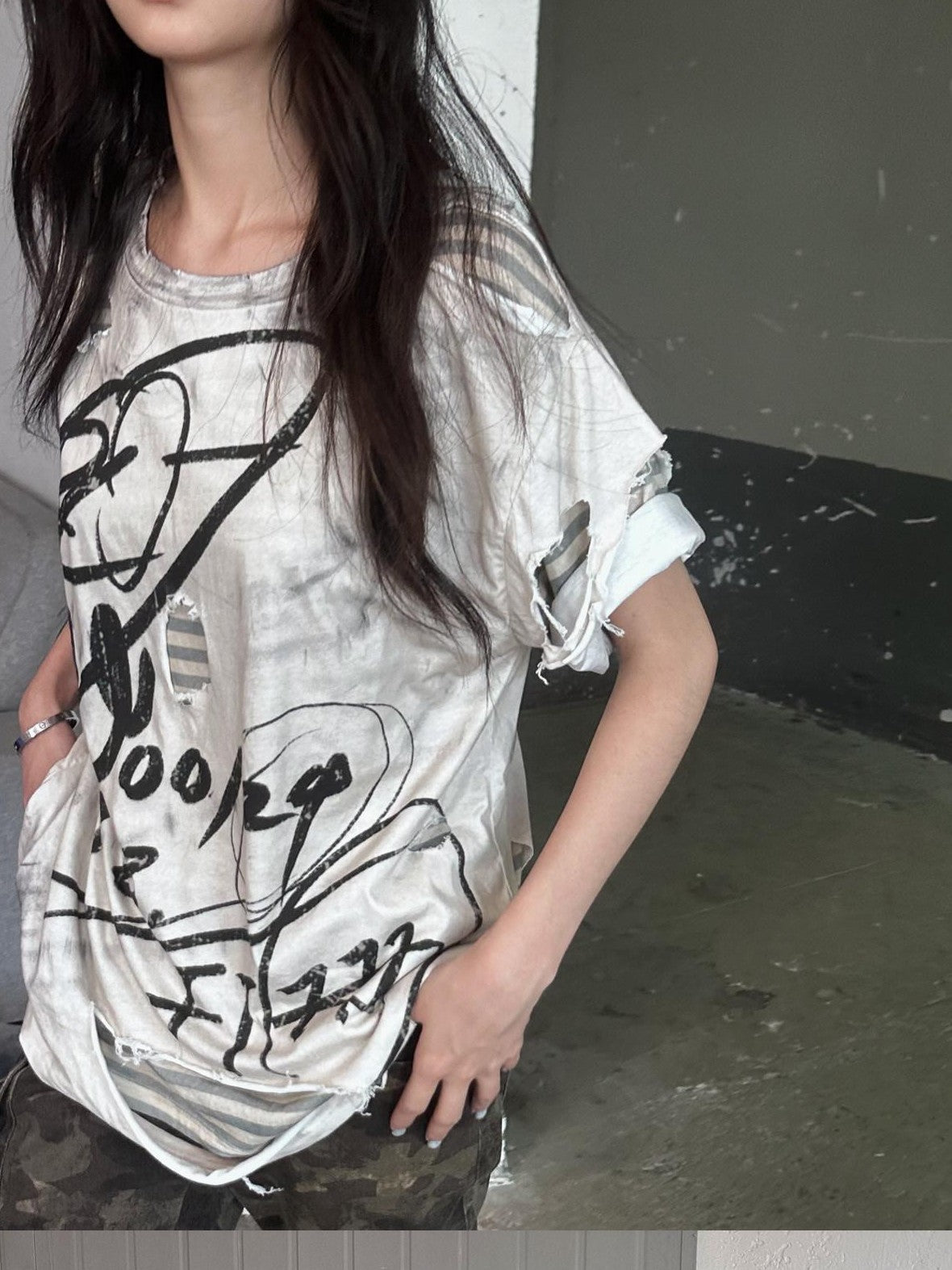 FULLTIDE Distressed Vintage Double Layer Printed Women&