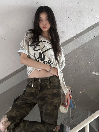 FULLTIDE Distressed Vintage Double Layer Printed Women&