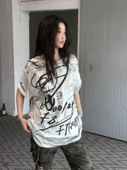 FULLTIDE Distressed Vintage Double Layer Printed Women&