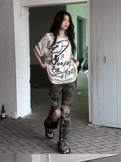 FULLTIDE Distressed Vintage Double Layer Printed Women&