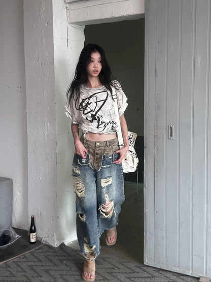 FULLTIDE Distressed Vintage Double Layer Printed Women&