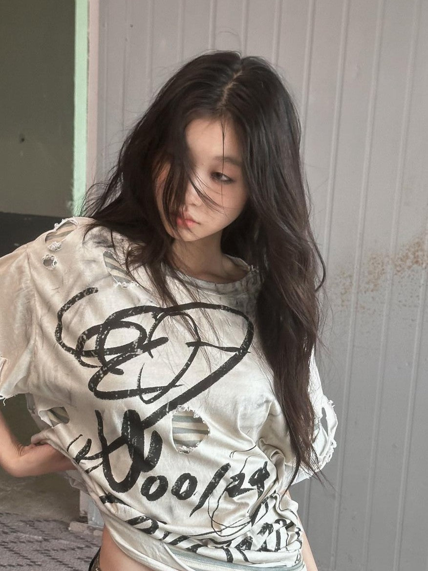 FULLTIDE Distressed Vintage Double Layer Printed Women&