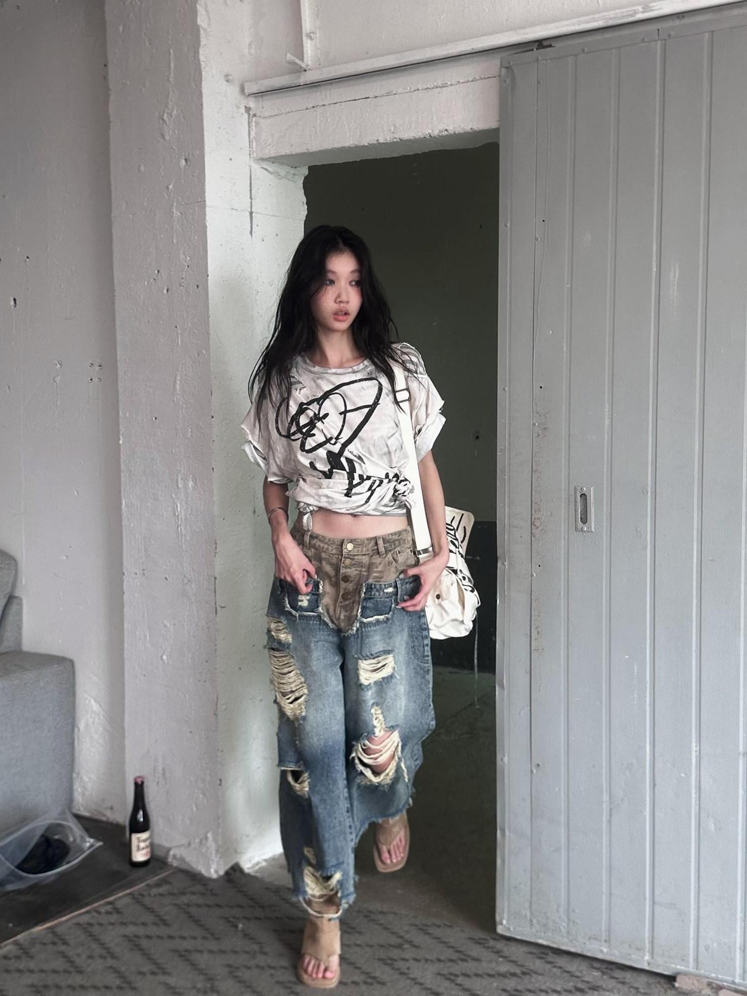FULLTIDE Distressed Vintage Double Layer Printed Women&