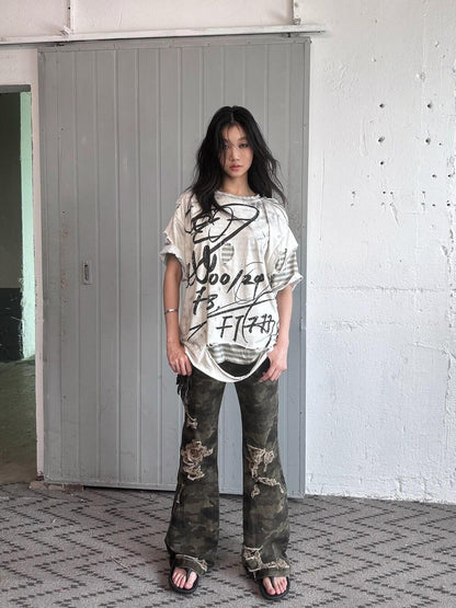 FULLTIDE Distressed Vintage Double Layer Printed Women&