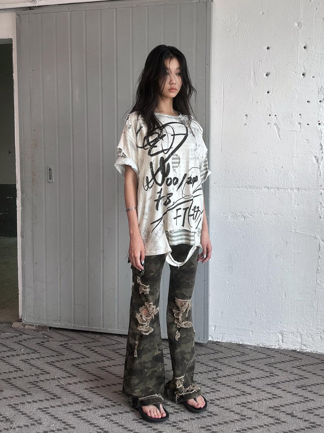 FULLTIDE Distressed Vintage Double Layer Printed Women&